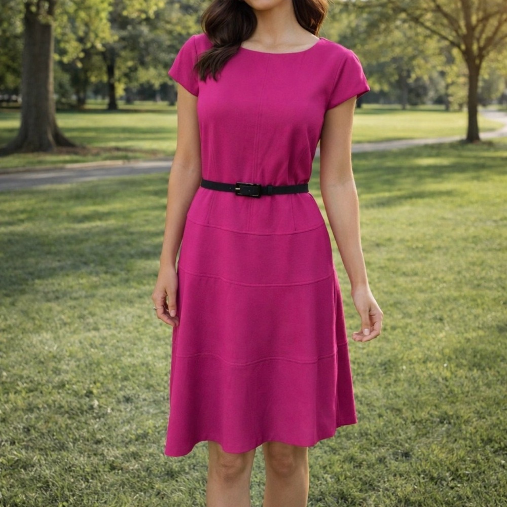 Anne Klein Dress Pink 10 Short Sleeve Dropped Waist W Belt Career Church